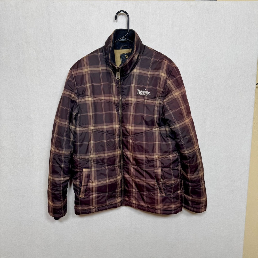 Billabong Mens Plaid Puffer Jacket Brown Tan Fleece Lined Full Zip Small